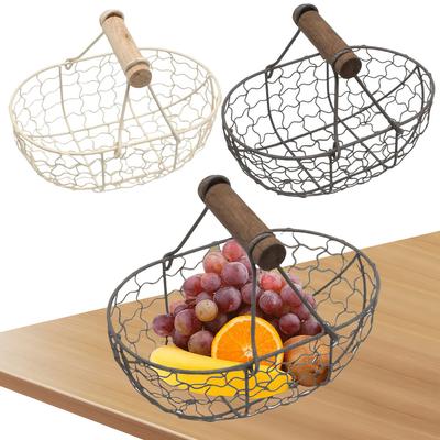 Iron Fruit Vegetable Basket with Wooden Handle Bread Basket Storing Food Photography Props for Home Kitchen Living Room