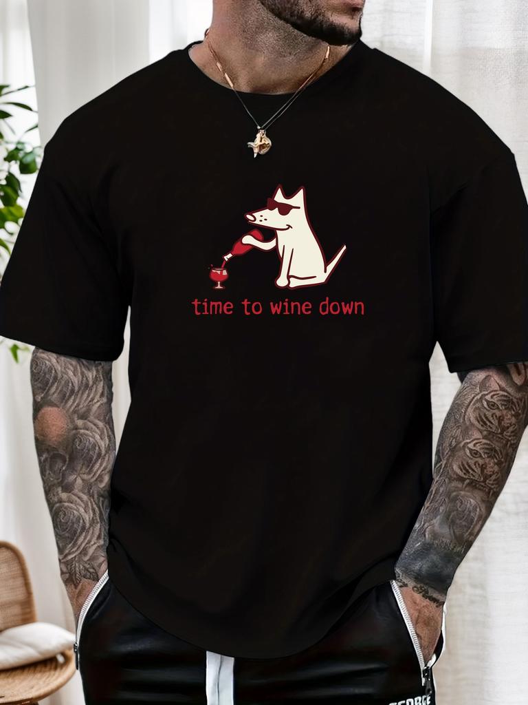 2025 New Hot Mens Summer Short Sleeve TShirt with Funny Dog Pouring Wine Time to Wine Down Print Casual Soft Cotton Tee