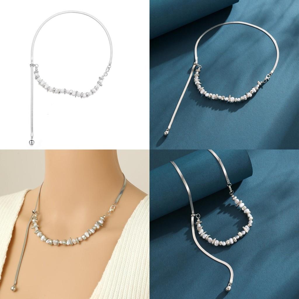 Stylish Irregular Shattered Silver And Pearl Necklace Dazzling Geometric Snake Chain