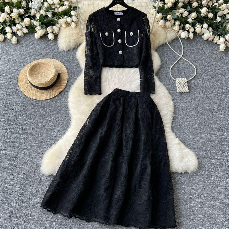 Classic Style round Neck Puff Sleeves Large Swing Autumn Clothing Lace