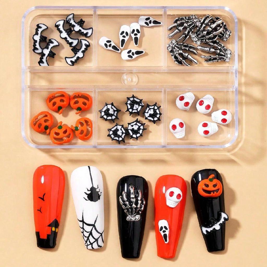 2024 Halloween Nagelkunst Set: Totenkopf, Geist, Spinne & Fledermaus Legierungsdekorationen