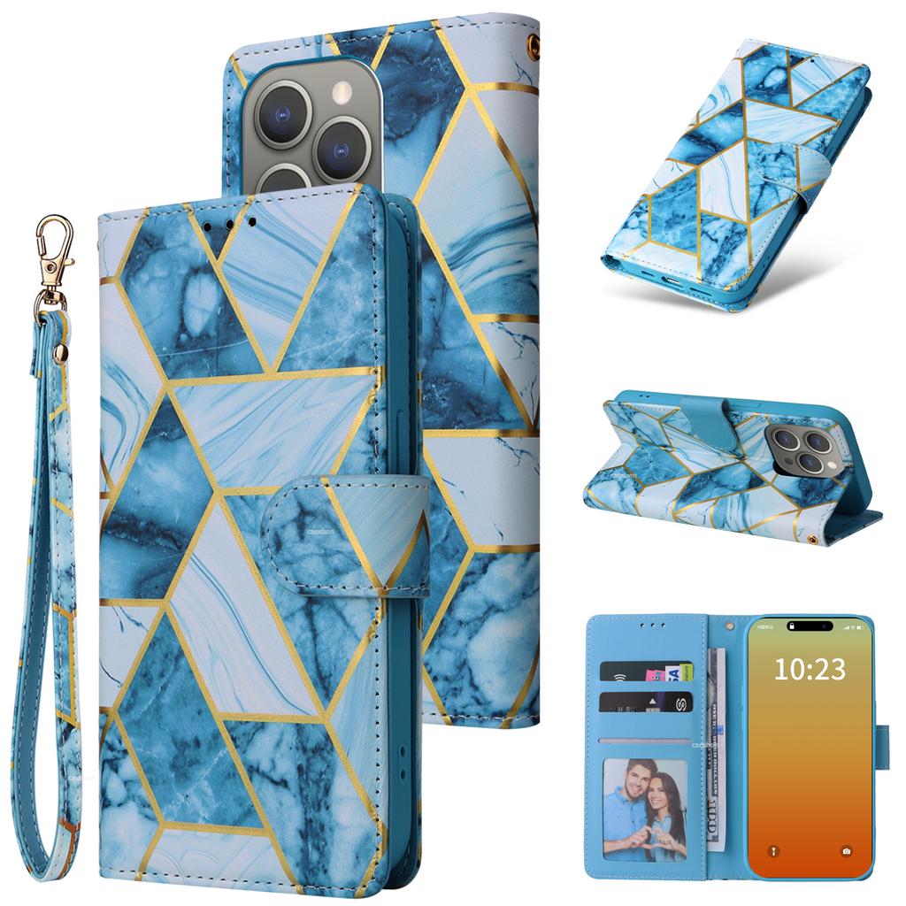 Applicable to iPhone15 mobile phone leather case 15Pro bronzing marble card wallet protective case 15ultra