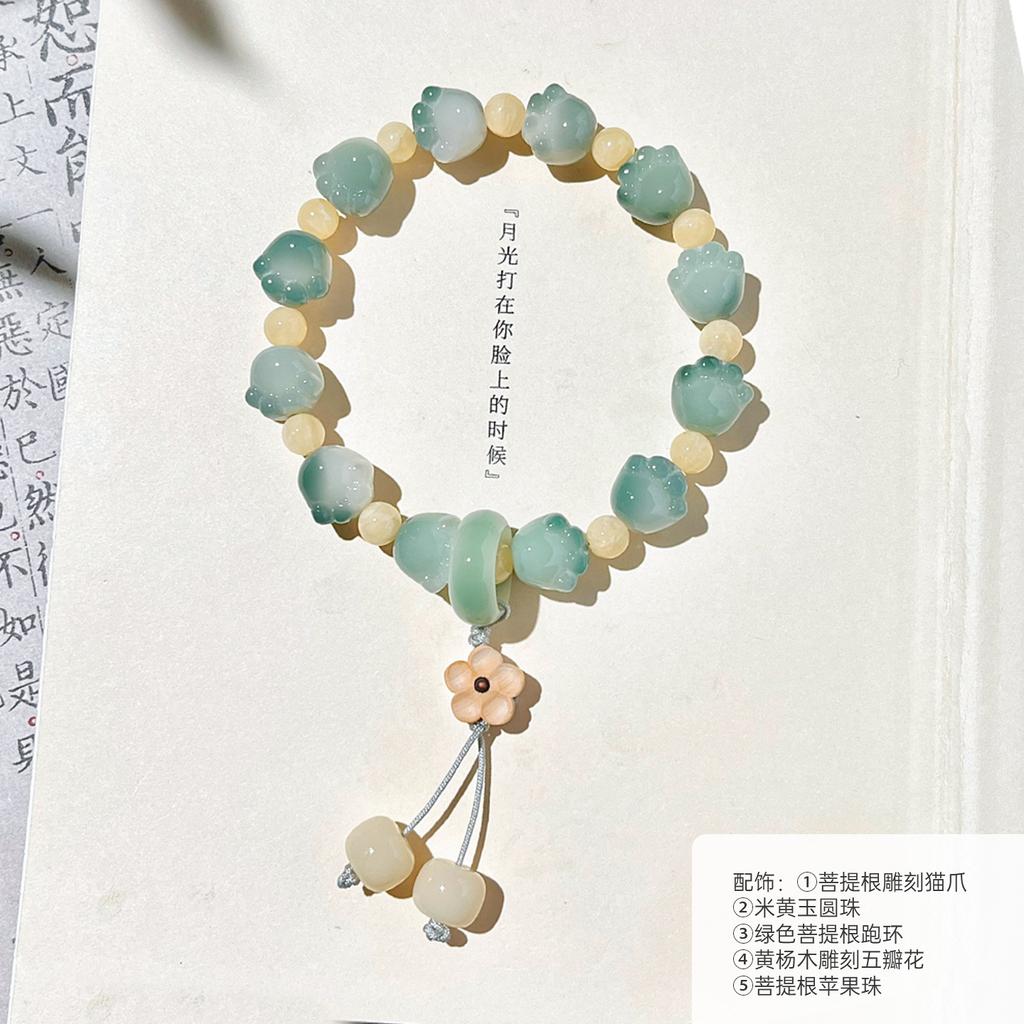 White Jade Bodhi Hand String Charcoal-Burned Little Cat Paw Single Circle Handheld Buddhist Beads Bracelet for Men and Women