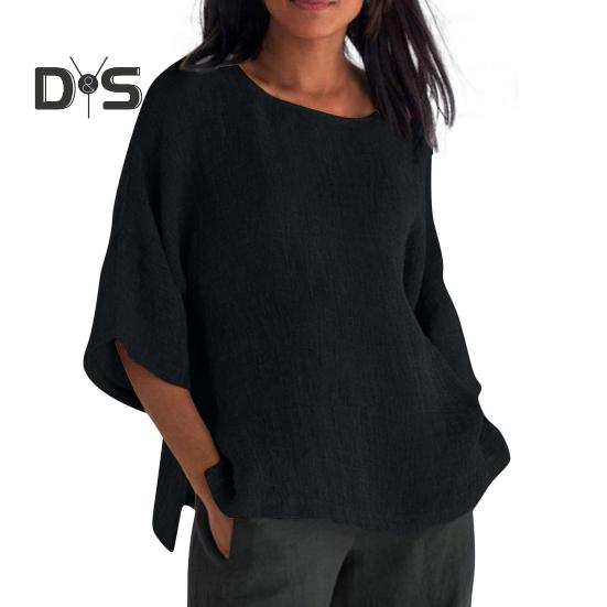 Women Shirt 3/4 Sleeve Casual Crew Neck Solid Color Pullover Tops Loose Fit Vacation Blouse Daily Wear