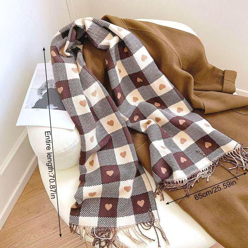 Autumn/Winter Plaid Heart Imitation Cashmere Scarf - Trendy Korean Style for Couples & Students