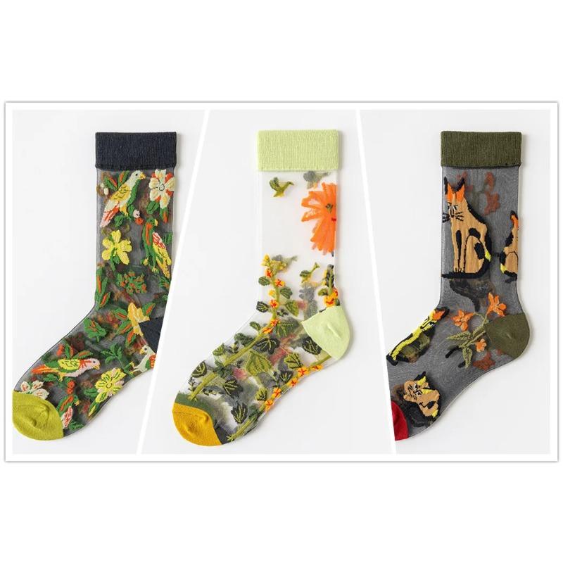 

3 пары новых женских прозрачных носков с милыми котиками, корейский цветочный животный набор, летние тонкие кавайные шелковые носки для женщин One Size