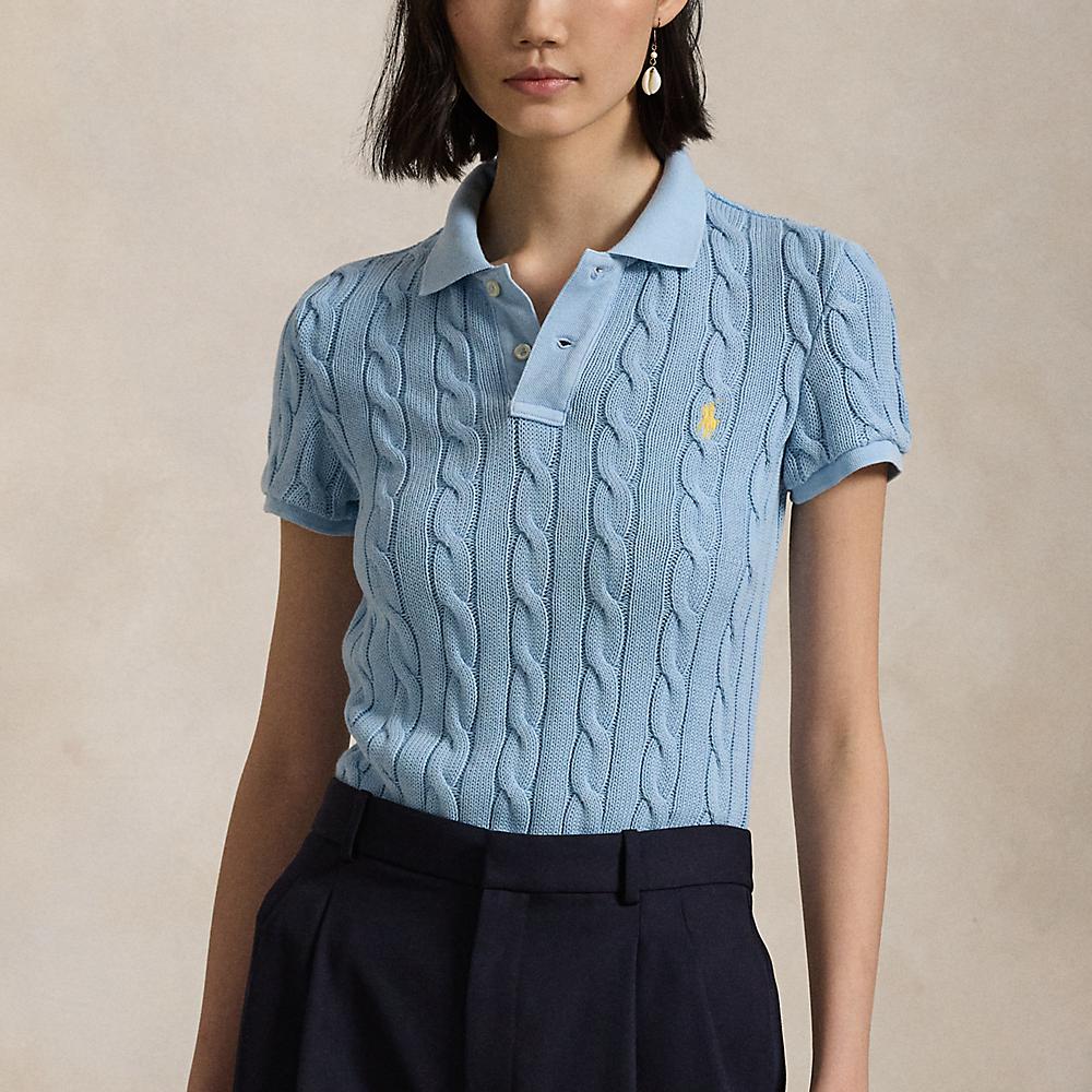 Polo Ralph Lauren Solid Cable Knit Slim Fit Short Sleeve Polo Shirt Women tops Blue WMPOKNINB920219400