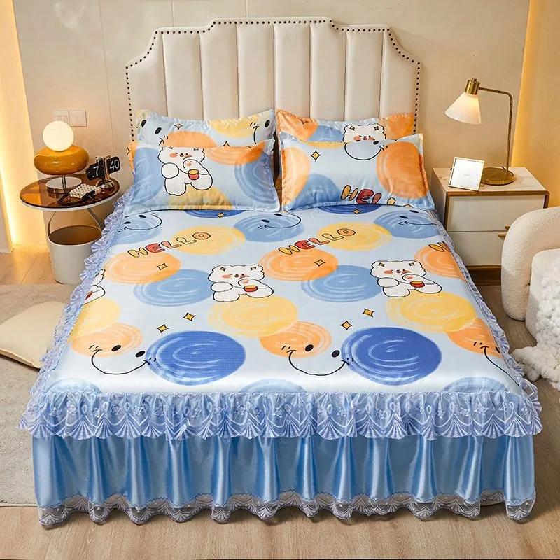 3pcs/set 2024 Summer Lace Bed Skirt Ice Silk Mat Printed Korean Lace Cool Mat Set Retro Single AndDouble Air Conditioned Bed Mat