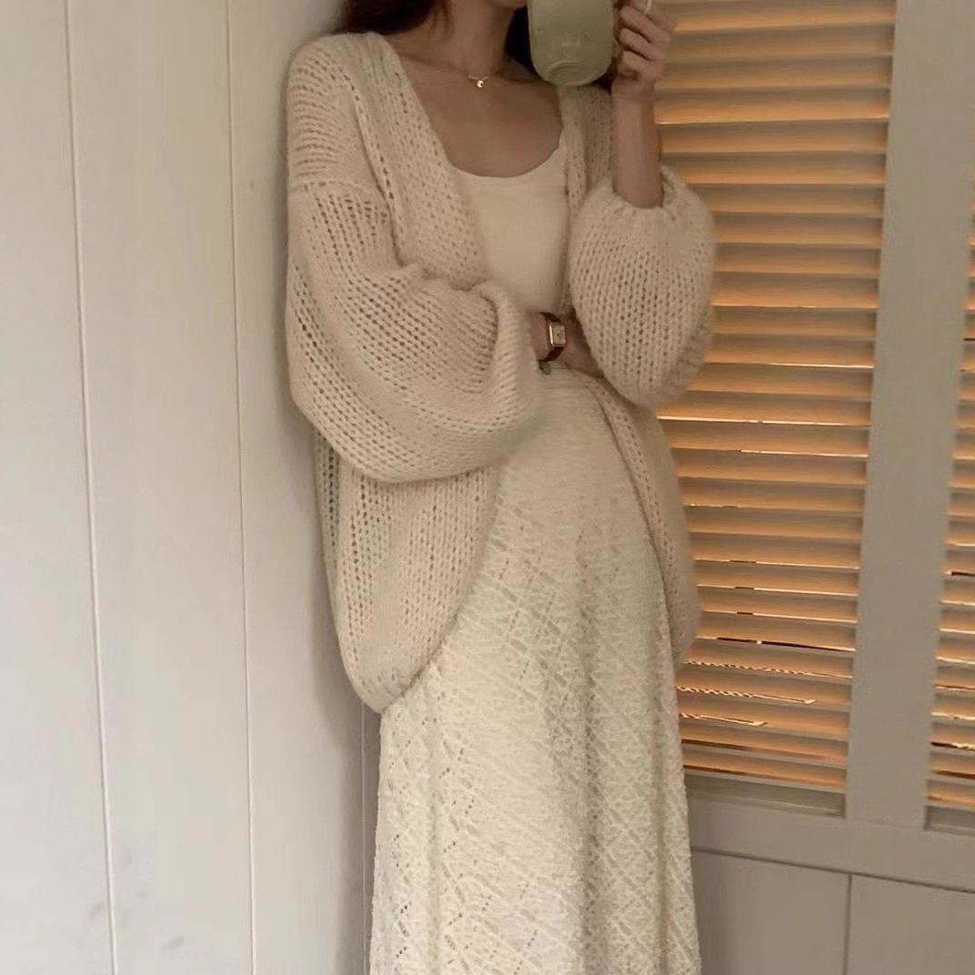 

Корейский однотонный вязаный кардиган с рукавами-фонариками женский 2025 весна и осень новый ленивый свободный свитер-жакет One Size бежевый