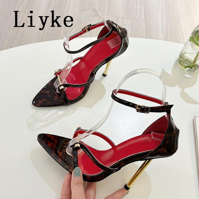 Fashion Liyke Fashion Design Metal Decoration Narrow Band Women Sandal High Heels Sexy Pointed Open Toe Wedding Banquet Shoes Size 35-41