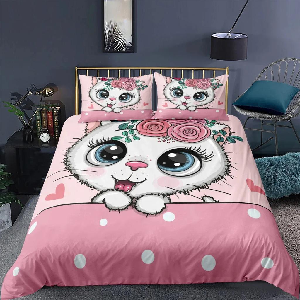 3Pcs SingleSided Printed Bedding Collection Comforter Cartoon Cute Cat Duvet Bedding Cover Pillows Comfortable Bedspreads Bedding Collection