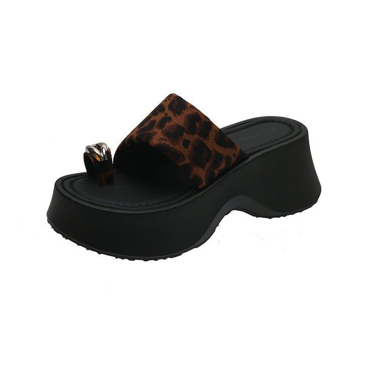 Leopard Print Cover Toe Cool Slippers Women'S Summer Wear Summer New With Skirt Muffin Casual Beach Roman Sandals