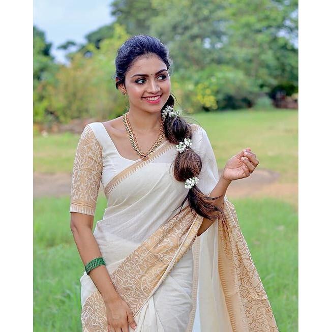 RSINC Kanjivaram Tradycyjny Jedwabny Sari w Południowoindyjskim Stylu dla Kobiet Biało-złoty B0BF5NZ9T1