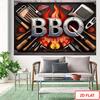 2D Barbecue Party Backdrop, Vintage BBQ Grill Tools Red Fire Steak Background Banner for Summer Party