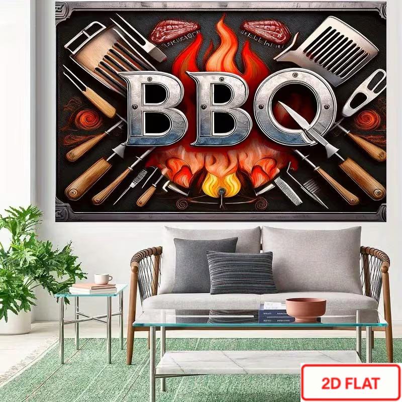 2D Barbecue Party Backdrop, Vintage BBQ Grill Tools Red Fire Steak Background Banner for Summer Party