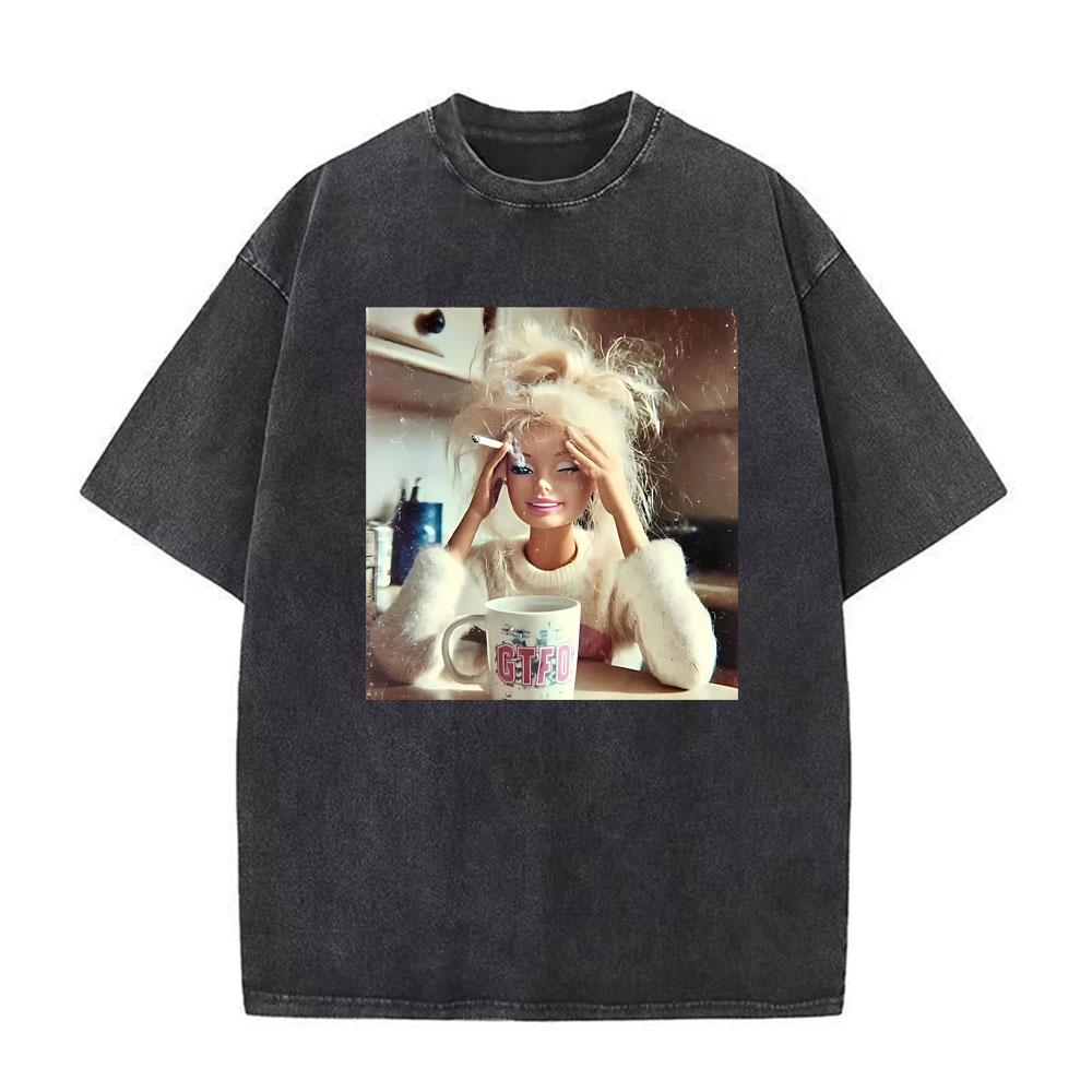 Distressed Doll Face Meme Printed T Shirts Unisex Women Vintage Washed Fashion  Cotton T Shirt Streetwear Short Sleeve Tshirts S