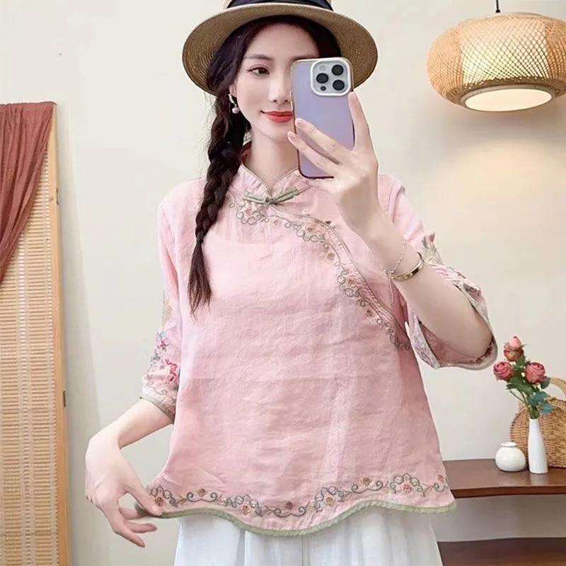 Damen Künstlerische Retro Bestickte Slim-Fit Baumwoll-Leinen Bluse mit Knöpfen