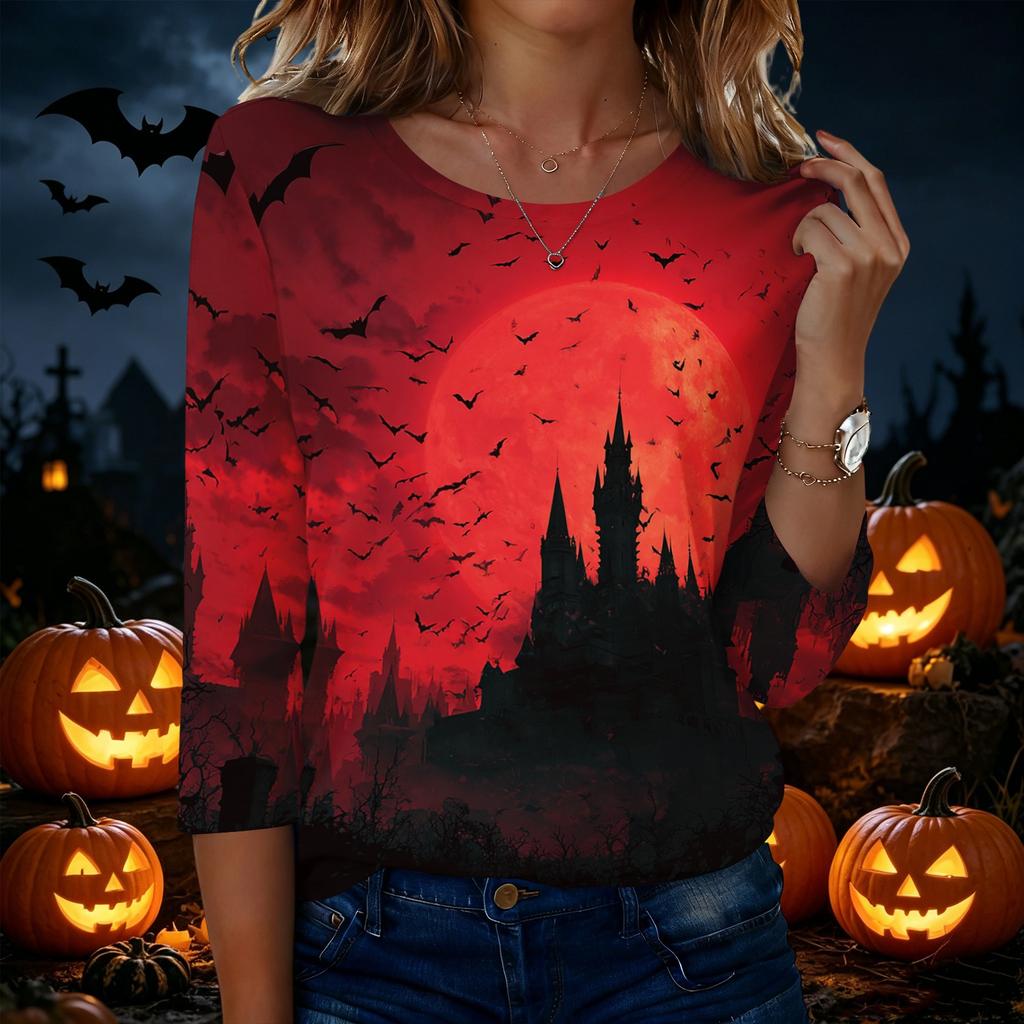 Women's Casual Halloween Print Round Neck Three Quarter Sleeve T Shirt Top Lightweight Comfortable Fit Seasonal Design