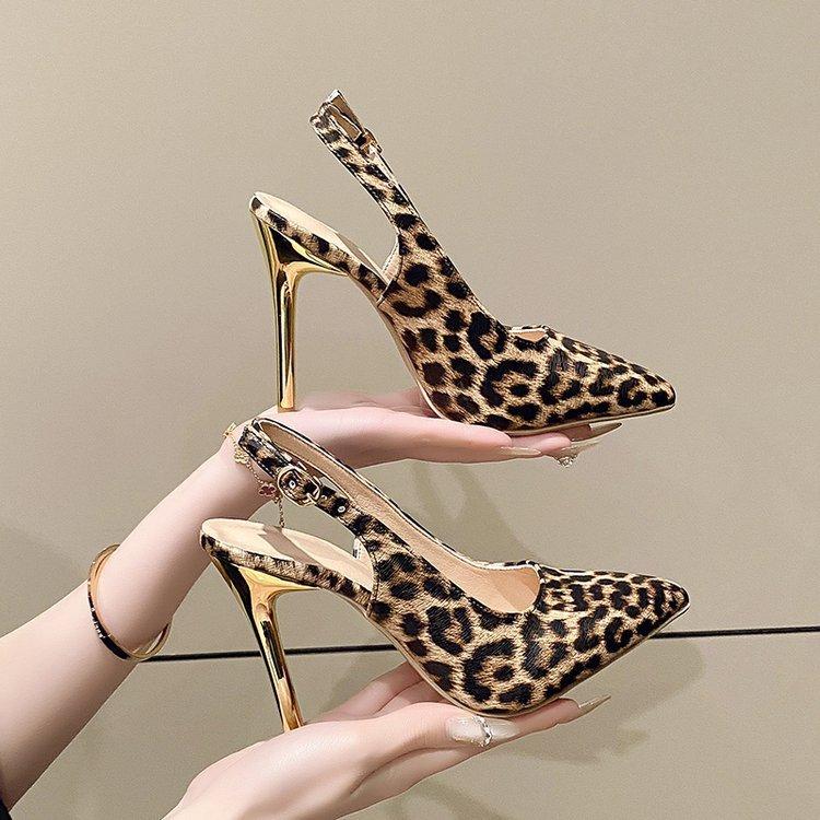 Leopard print bag head high heels women's spring new one-word with stiletto temperament sexy fashion sandals