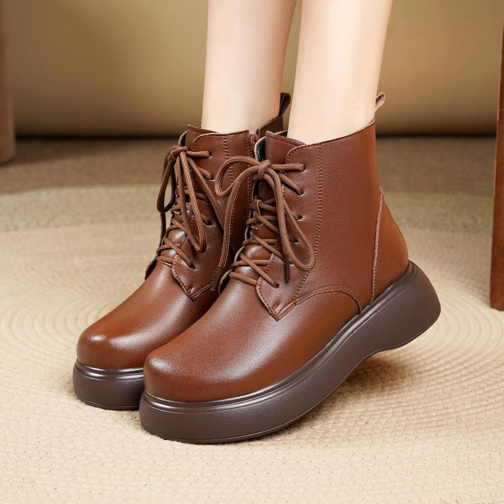 2025 H/W Damen Britischer Stil Echtleder Martin Stiefeletten mit dicken Sohlen, Retro-Fleece-Futter und Woll-Zehenschutz für Schnee