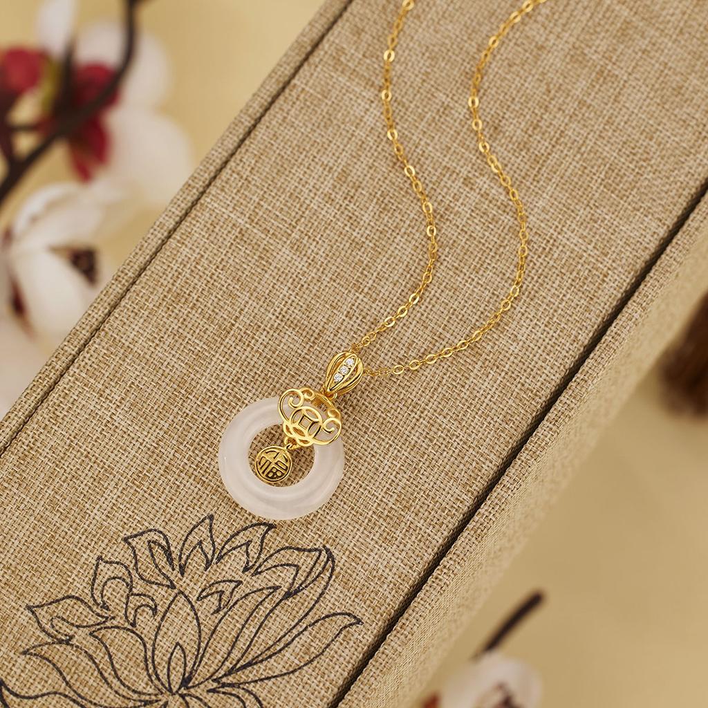 S925 silver blessing character safety buckle necklace chalcedony donut auspicious cloud pendant premium sense collarbone chain