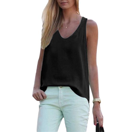 Solid Color Round Neck Sleeveless Chiffon Blouse Summer Women Vest Tank Top
