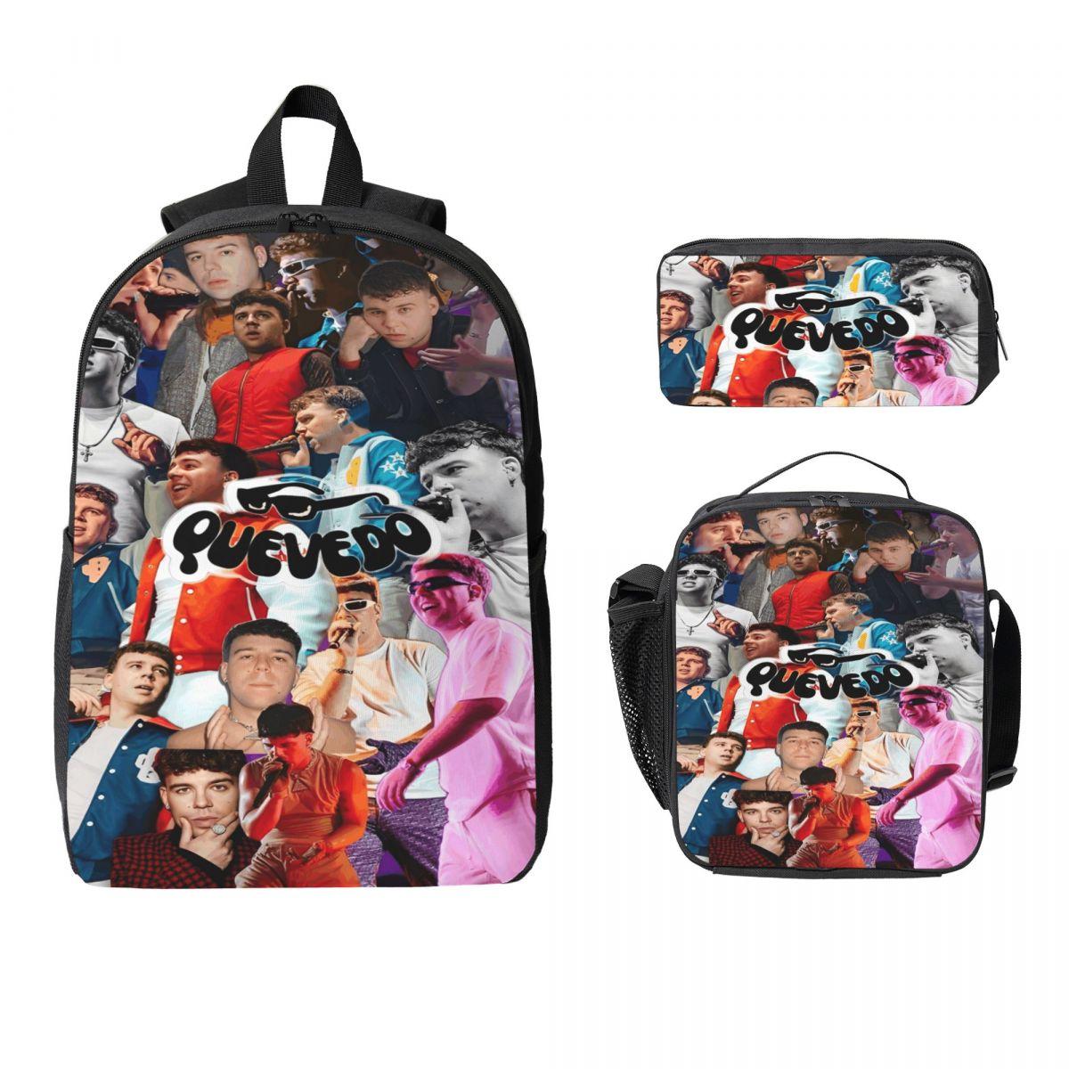 Ensemble de 3 sacs à dos Rapper Quevedo Singer Cool pour enfants, trousses à crayons, ensembles de cartables avec boîte à lunch pour élèves d'école
