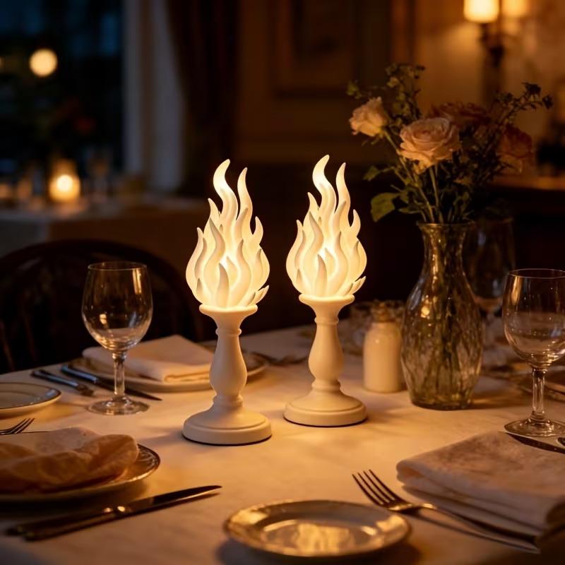 3D Printed White Flame Night Light Portable Battery Operated Decor Figurine for Party Christmas Home Decor