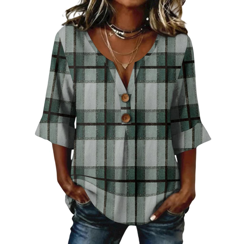 Ladies' plaid printed button casual V-neck fashionable seven quarter sleeve top