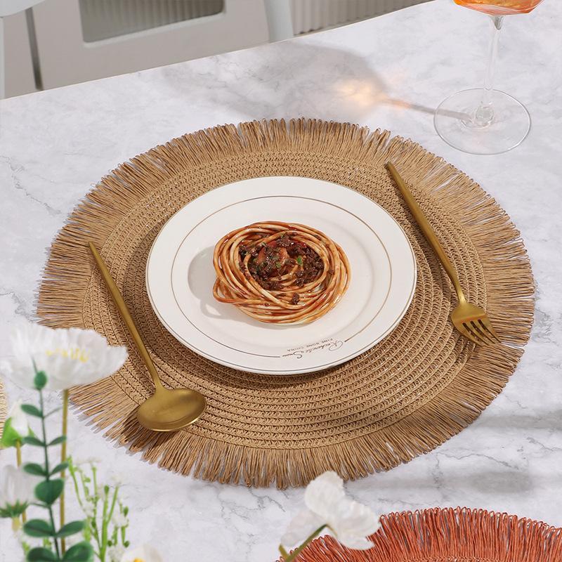 Woven Rattan Round Placemat Fringe Edge Heat Insulation Non-slip for Home Restaurant Coffee Table Mat Decor