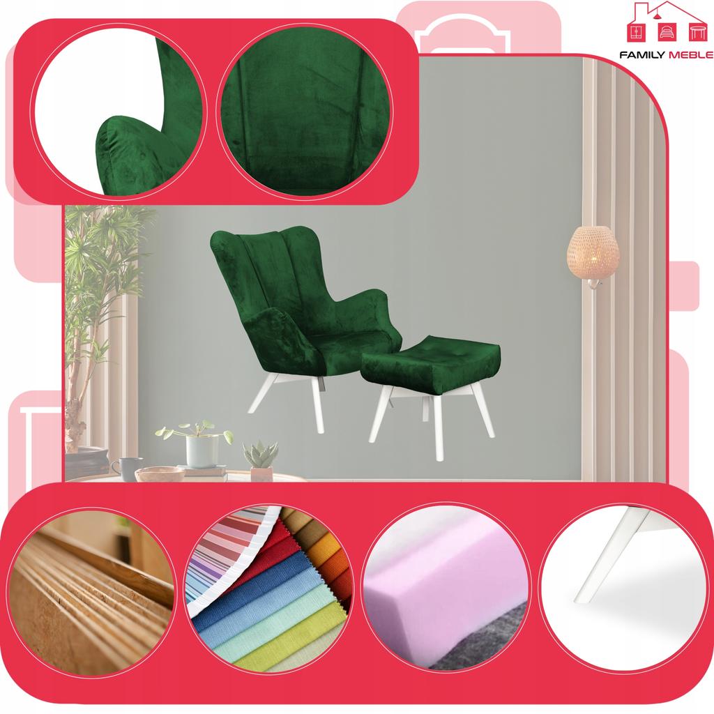 Fotel skandynawski Vika z podnóżkiem pufą profilowany Family Meble zielony