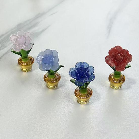 Mini Glass Rose Flower with Pot Colorful Rose Flower Ornaments Collectible Hand Blown Faux Crystal Flower Figurine for Mother's Day Birthday Table