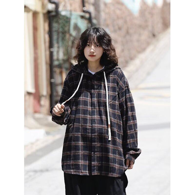 Άνοιξη και Φθινόπωρο Νέο Bsapa Ρετρό Πουκάμισο με Κουκούλα σε Καρό Ιαπωνικού Στυλ Ανδρικό Φαρδύ Μοντέρνο Πουκάμισο για Ζευγάρια Παλτό