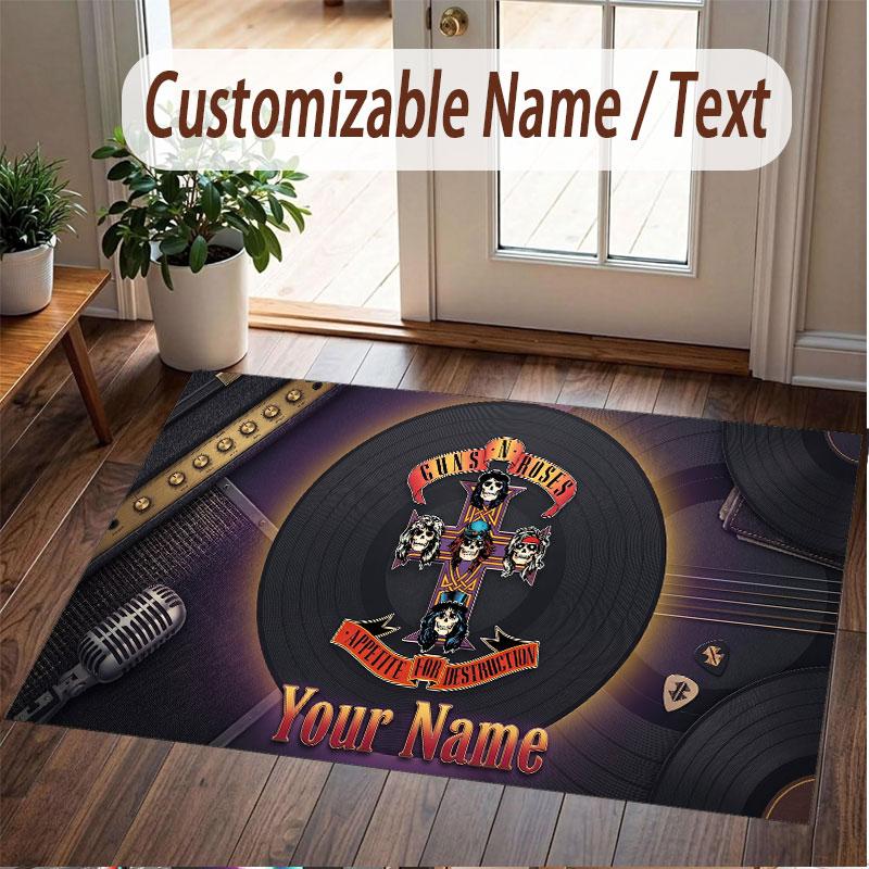 Custom Rug Guns N’ Roses Pattern Print Name Text Soft Non‑Slip Floor Carpet for Home Indoor Decoration