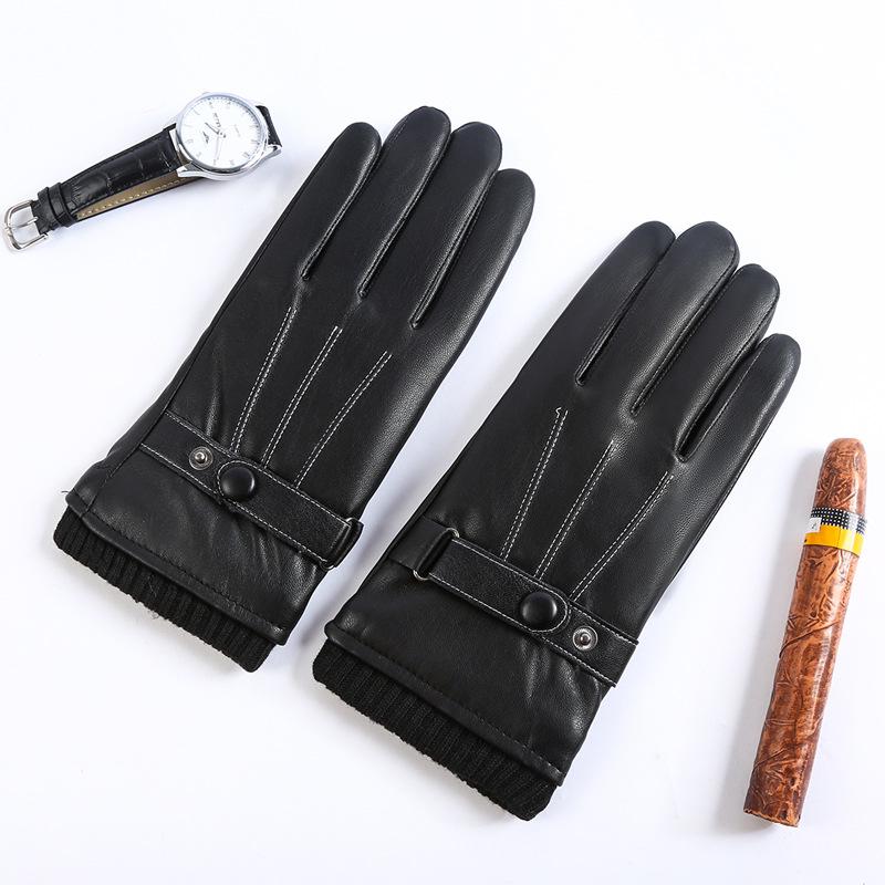 Men Winter Full Finger Gloves PU Leather Protection Riding Gloves Non-slip Touch Screen Gloves Adjustable Button for Outdoor
