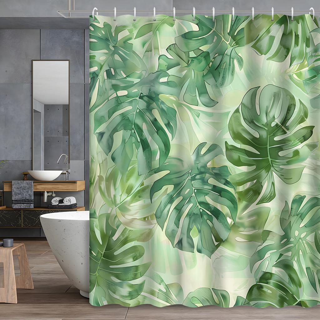1pc Watercolor Green Tropical Plant Leaf Bamboo Bath Curtain, 12 Hooks Waterproof Bath Curtain, Bathroom Decoration, for Spring
