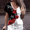 Summer V-neck 3D Flower Pattern Printed Top Fashionable Casual Short Sleeved Women's T-shirts