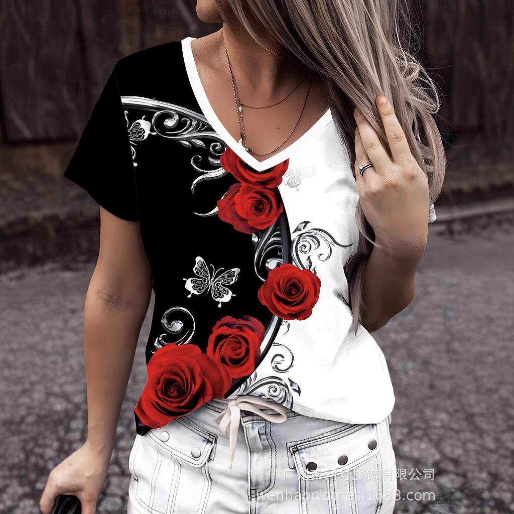 Summer V-neck 3D Flower Pattern Printed Top Fashionable Casual Short Sleeved Women's T-shirts