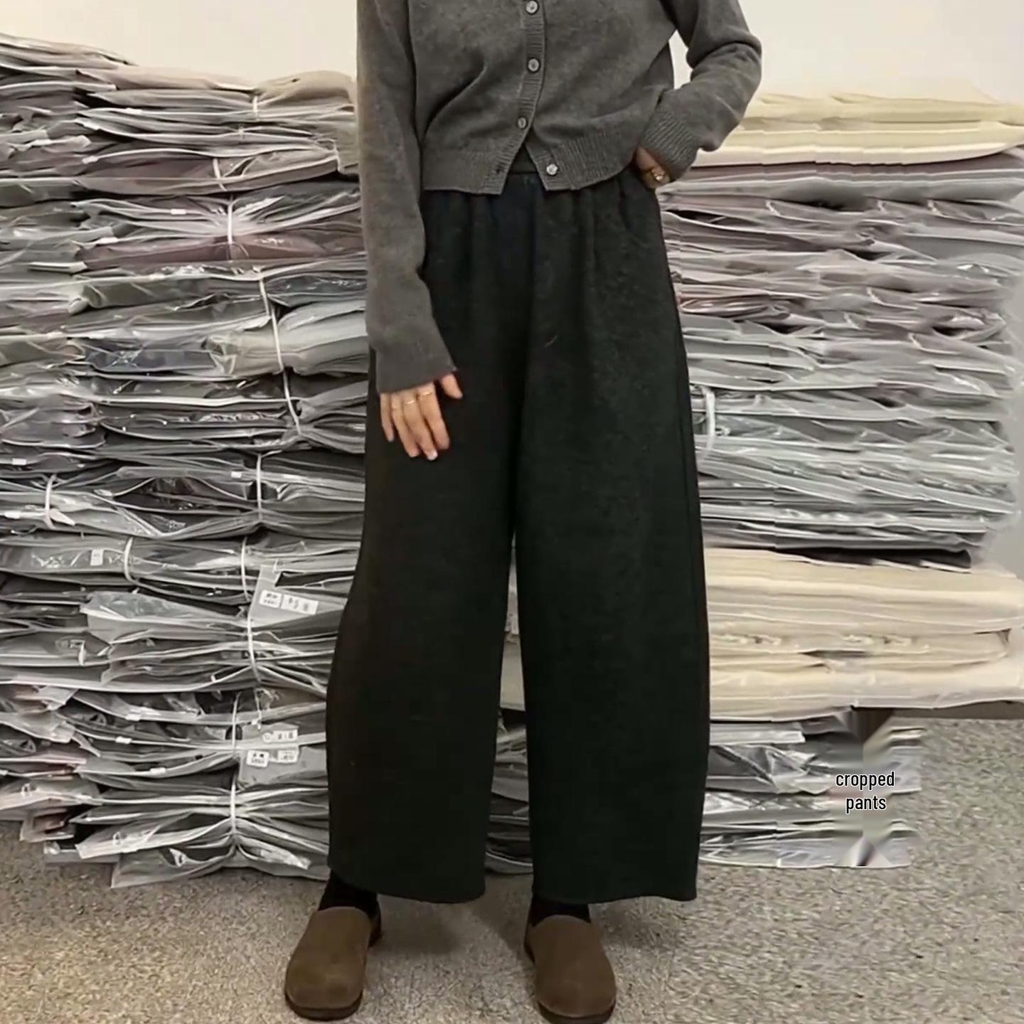 Women s Plus Velvet Woolen Cropped Wide-Leg Pants - Autumn/Winter 2025 Style 3XL