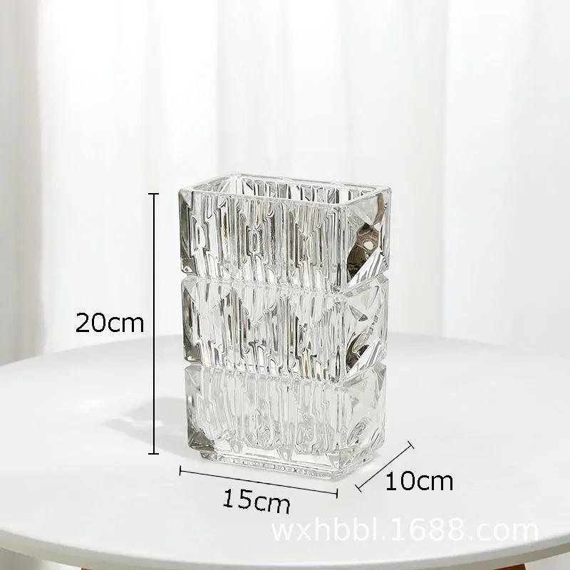 Clear Crystal Glass Vase Hydroponic Flower Pots Desk Decoration Artificial Flower Decorative Floral Arrangement Square Vases