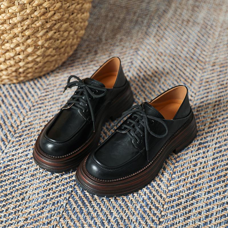 

Ретро британский стиль шнуровка маленькие кожаные туфли женские 2025 весна новые круглый носок одинарные туфли изысканные девушки толстый каблук лоферы 40 чёрный