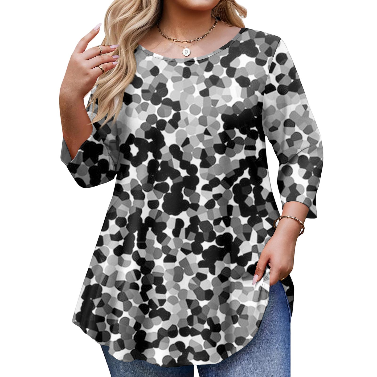 

Ladies Floral Print Plus Size 3/4 Sleeve Round Hem Round Neck Fashion Top XL чорний