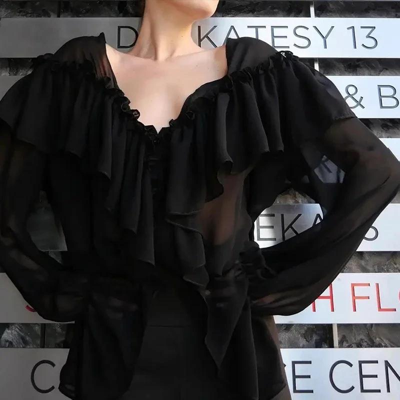 2026 New V-neck Chiffon Blouse Sexy Sheer Beach Cover-up Long Sleeve Sexy Hot Girl Top