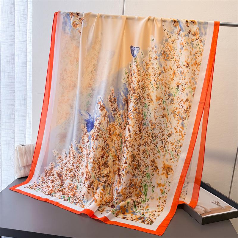 Korean Version Of Thin Printing Simulation Silk Brocade Sunscreen Butterfly Shadow Floral Silk Scarf Long Scarf Shawl Versatile Headscarf Scarf