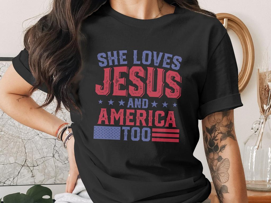 She Loves Jesus And America Too T-Shirt, Patriotic Christian Tee, Faith & Freedom American Flag Shirt, Distressed USA Top for Women