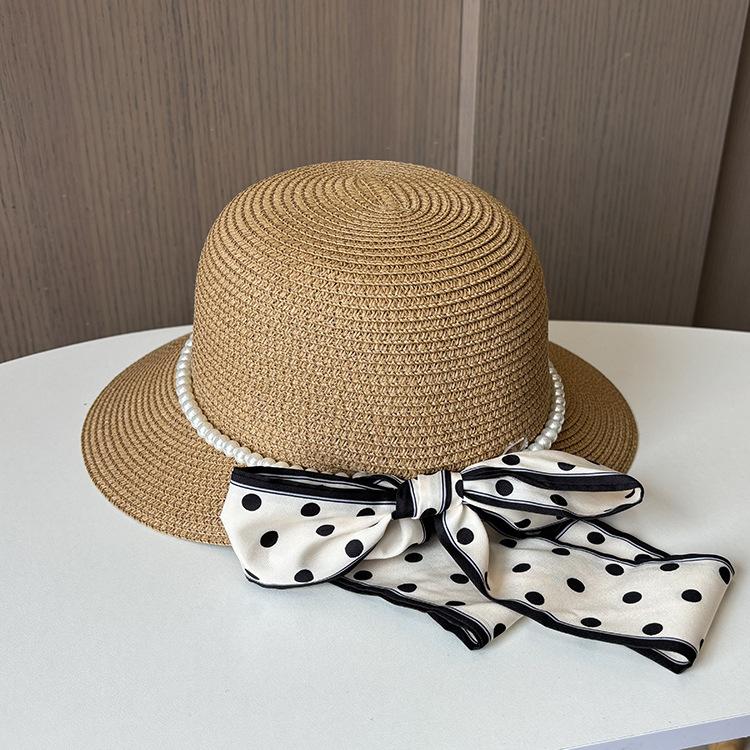 New Dome Duck Tongue Straw Hat Elegant Pearl Polka Dot Streamer Big Edge Beach Hat Seaside Travel Sun Protection Hat