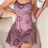Heart Print Casual Frill Trim Sleepwear Women's Sexy Lingeire Nightdress Round Neck Backless Slip Dress Comfortable Nightgown