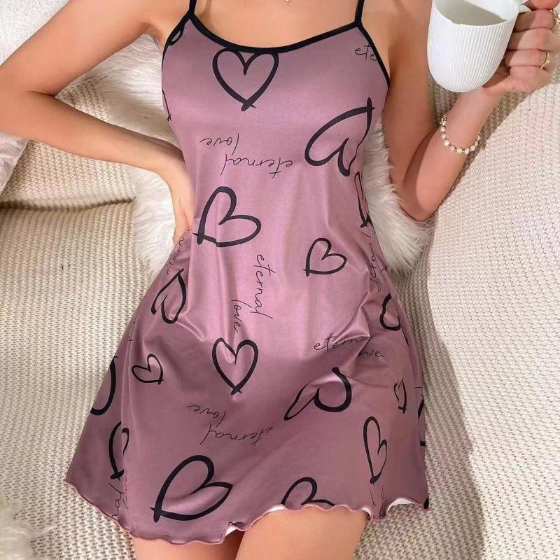 Heart Print Casual Frill Trim Sleepwear Women's Sexy Lingeire Nightdress Round Neck Backless Slip Dress Comfortable Nightgown