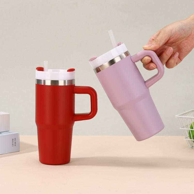 14oz Stainless Steel Vacuum Insulated Travel Mug With Handle Straw Car Office Outdoor Use