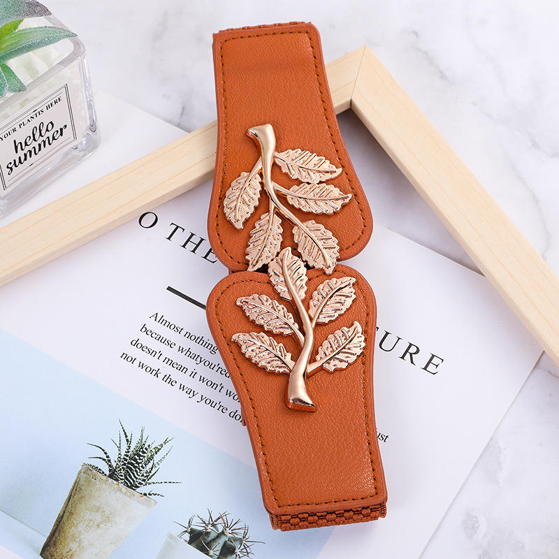 Women's Waist Belts Retro Waistband Golden Leaf Elastic Waist Closure with Double Hook Buckle Wide Belt Fashion Elegant Women Belt for Skirt